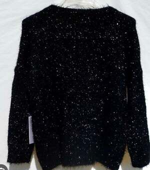 Jennifer Lopez Black Glimmer Eyelash Knit Twofer Sweater with Chiffon Layer  siz